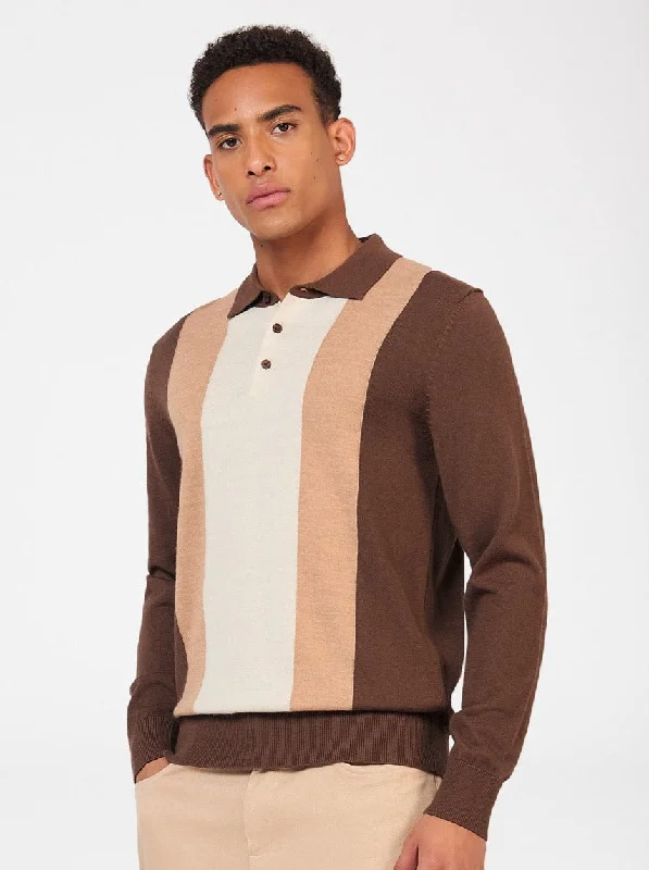 Block Stripe Merino Knit Polo - Chocolate