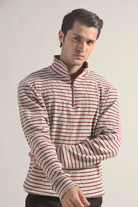 Striped Half Zipper Sweatshirt - Beige