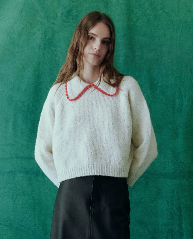 The Crochet Collar Pullover. -- Soft White with Cherry