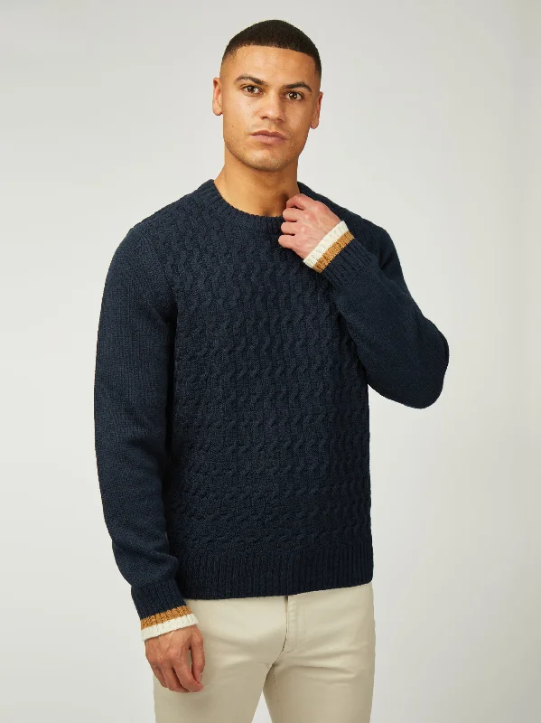 Cable Textured Crew - Dark Navy