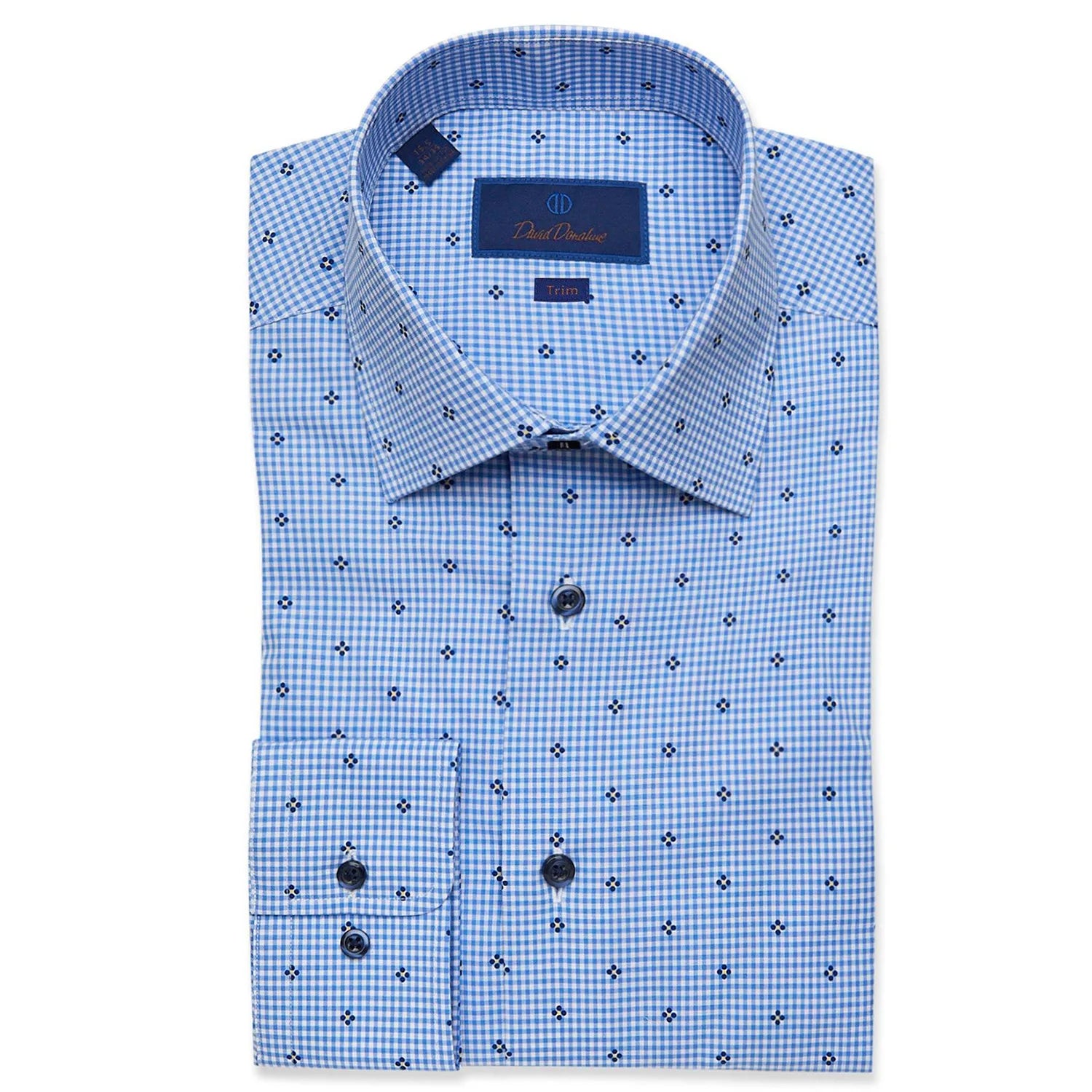 David Donahue Blue Gingham with Floral Print Dress Shirt (Trim Fit)