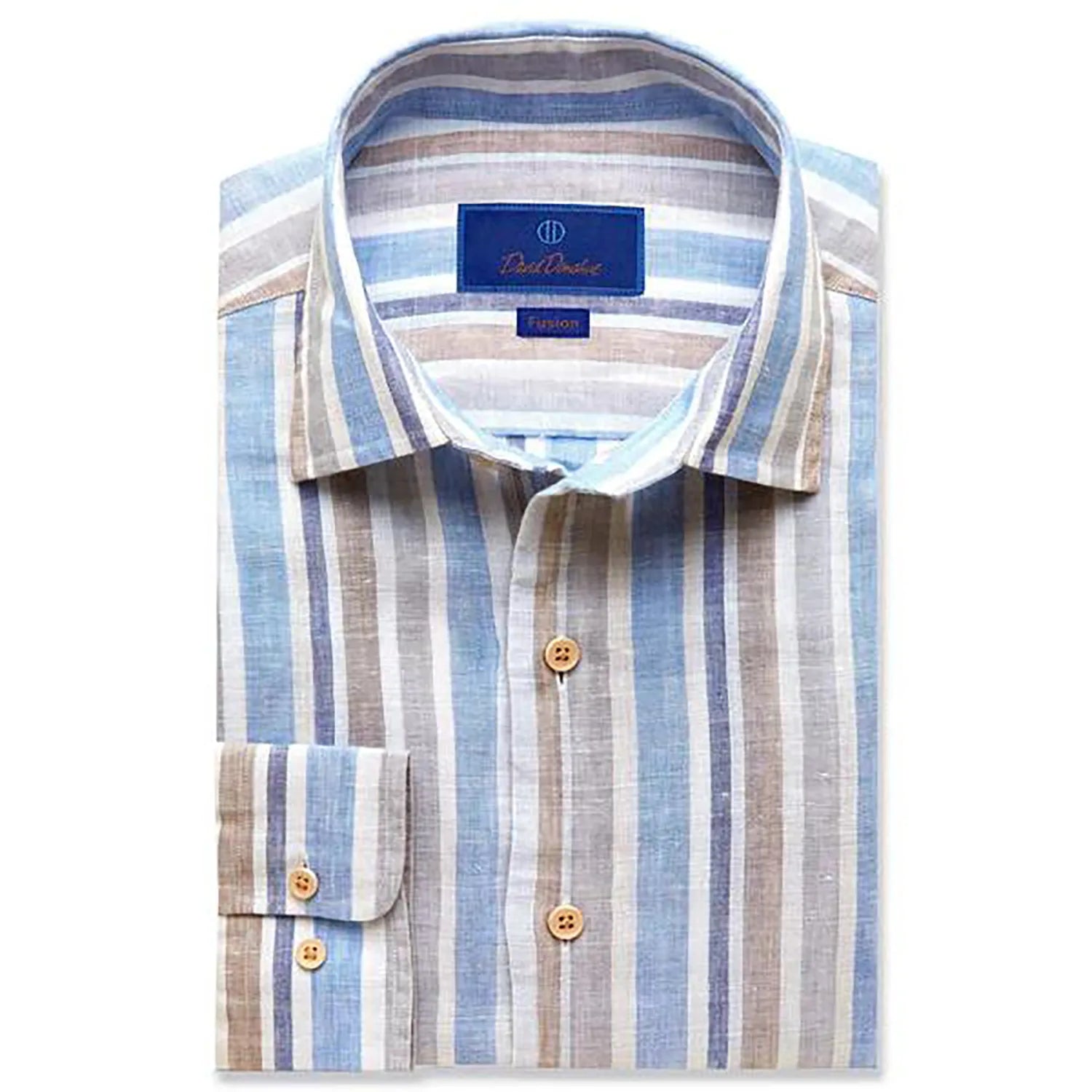 David Donahue Fusion Shirt Linen Blend (Blue/Tan Stripe)