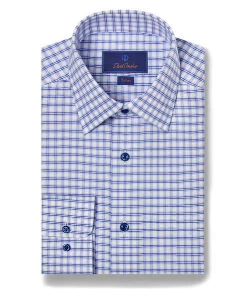 David Donahue Blue & White Herringbone Check Dress Shirt (Trim Fit)