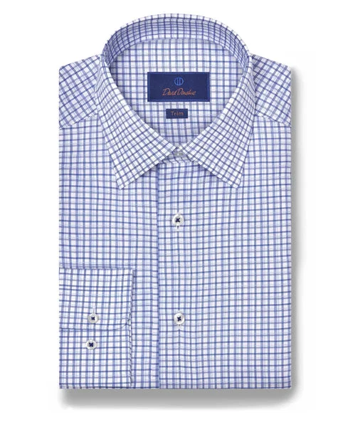 David Donahue Blue & White Shadow Print Dress Shirt (Trim)