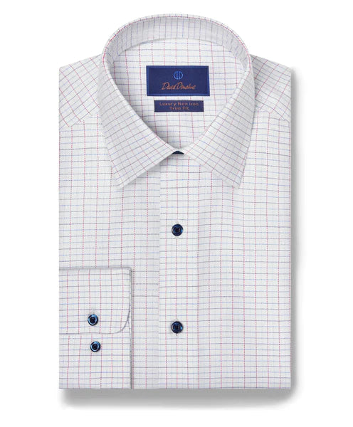 David Donahue Trim Fit White & Berry Check Non-Iron Dress Shirt