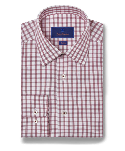 David Donahue Trim fitWhite & Merlot Dobby Windowpane Dress Shirt