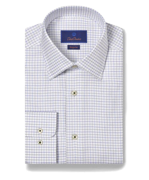 David Donahue White & Green Dobby Check Dress Shirt (Regular Fit)