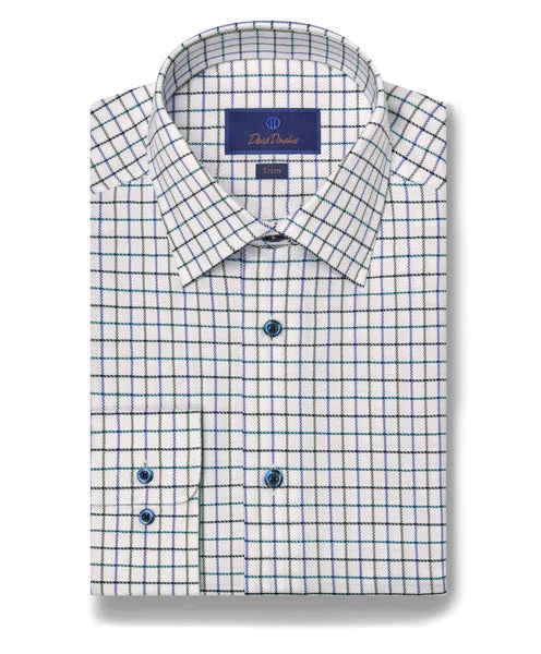 David Donahue White & Green Windowpane Dress Shirt