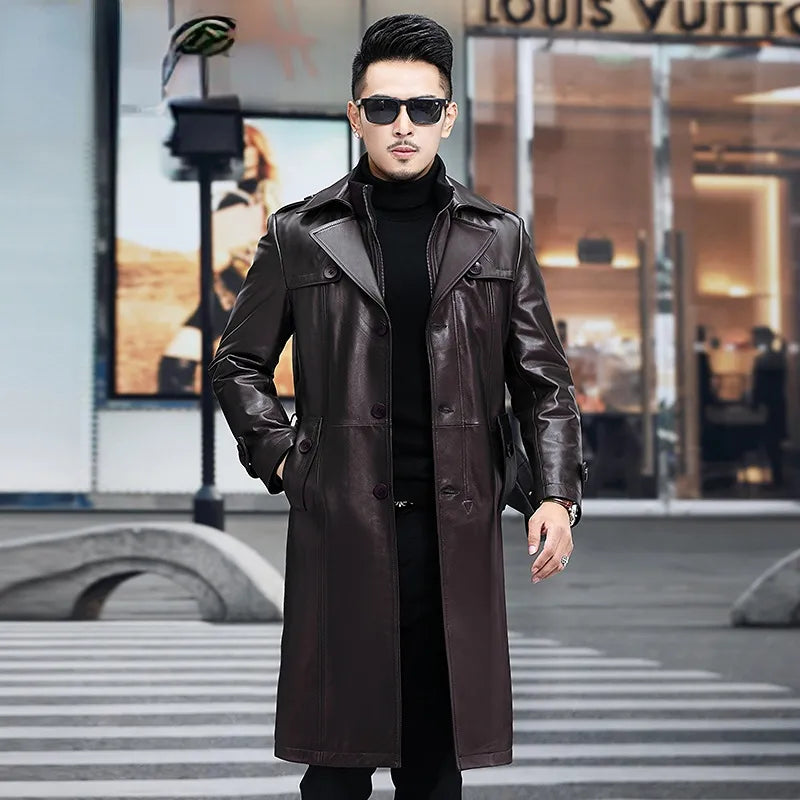 Men's Casual Genuine Leather Double Layer Collar Knee Length Trench Coat