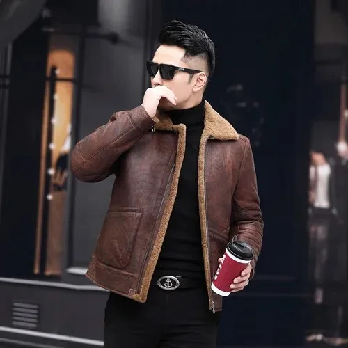 Men's Casual Genuine Leather Turn-down Collar Winter Warm Jacket