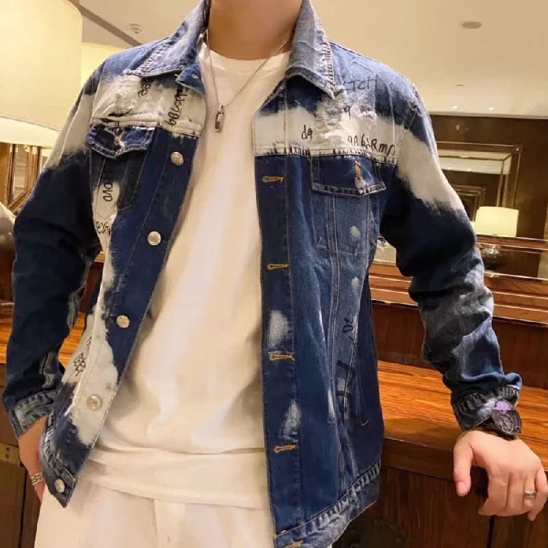 Men's Casual Slim Fit Letter Label Printed Pattern Denim Bomber Jacket