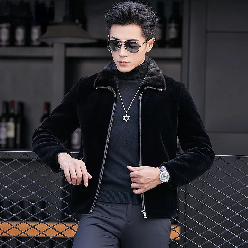 Men's Casual Solid Pattern Wool Lapel Fur Slim Fit Zipper Street Jacket