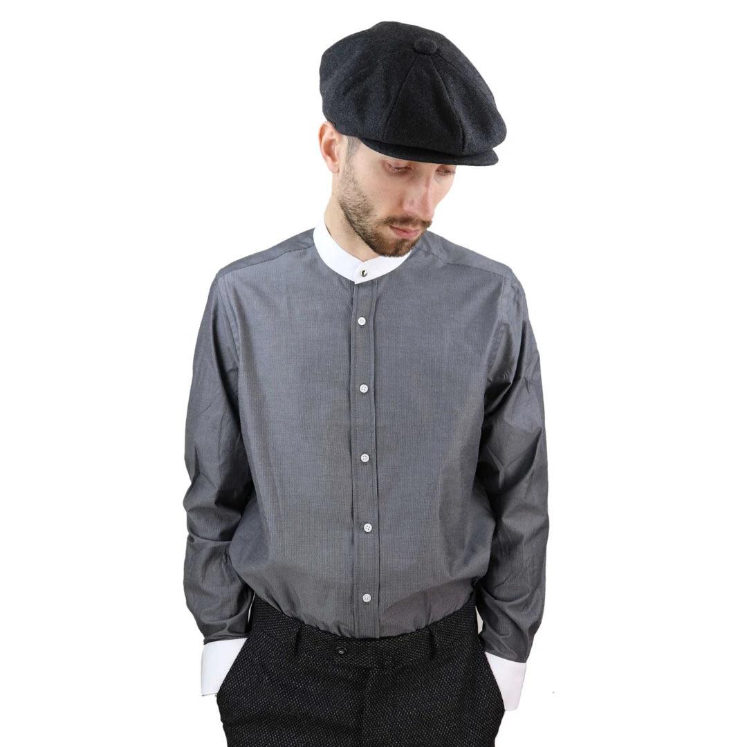 Mens Peaky Blinders Polka Shirt Removable Collar Penny Button Nehru Collarless