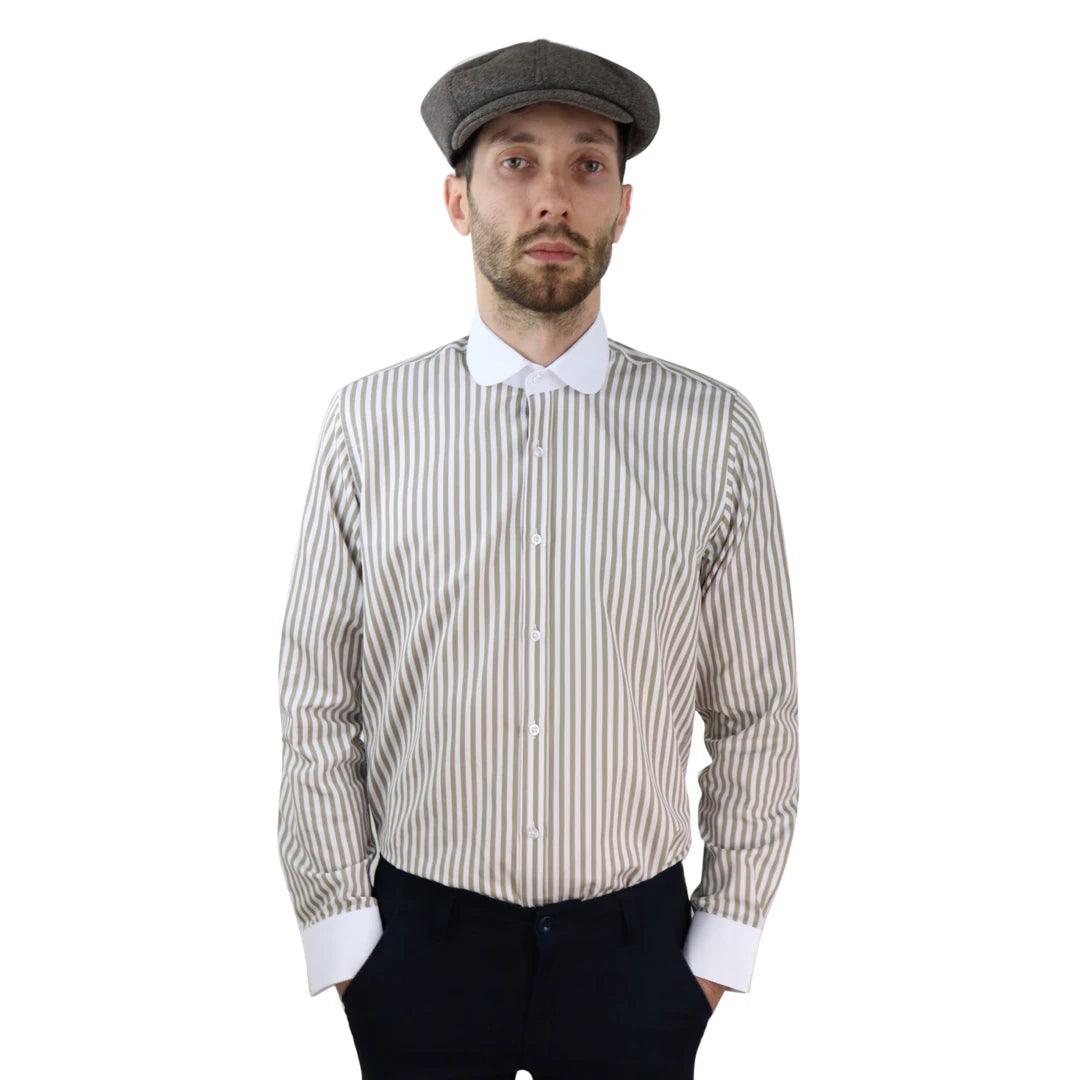 Mens Penny Button Shirt Round Collar Peaky Blinders Stripe Regular Fit Classic