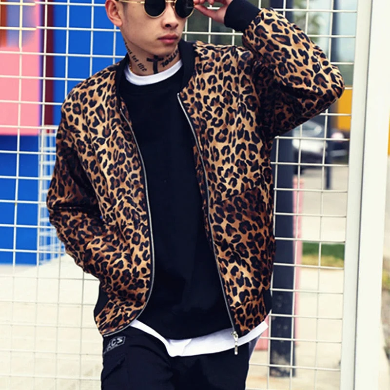 Men's Polyester Leopard Printed Pattern Hip Hop Casual Baseball Jacket