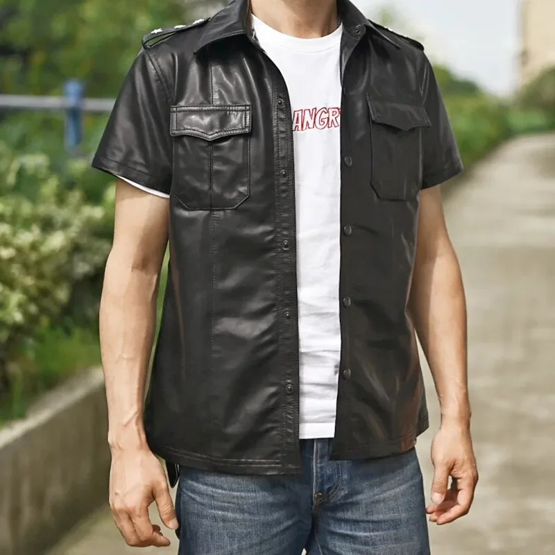 Men's Retro Sheepskin Leather Short Sleeve Lightweight Slim Street Coat