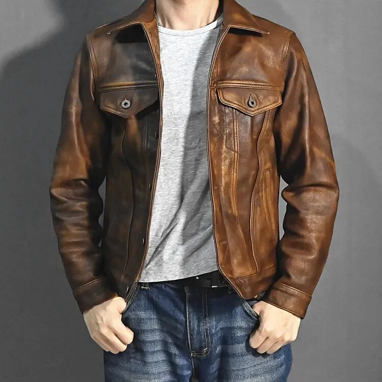 Men's Retro Style Genuine Leather Vegetable Tanning Streetwear Jacket