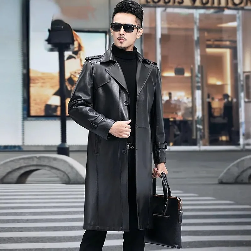 Men's Solid Genuine Leather Business Casual Long Trench Coat