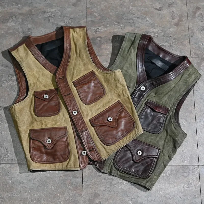 Men's Vintage Oil Wax Cowhide Leather Slim Short Canvas Vest Jackets