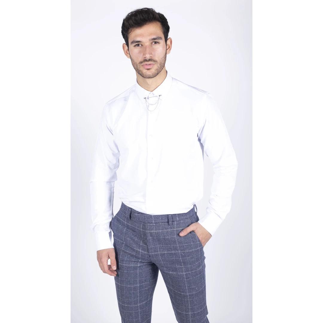 Mens White Button Down Poplin Shirt With Bar & Chain Smart Formal Classic