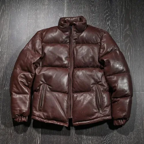 Men's Winter Casual Style Cowhide Stand Collar Zipper Closure Jacket