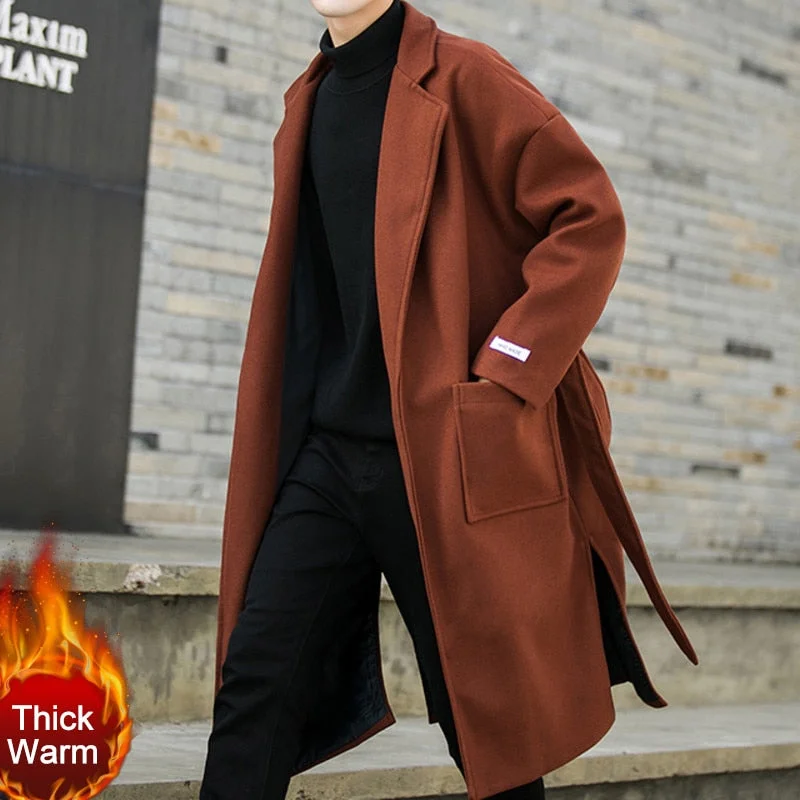 Men's Winter England Style Polyester Long Belt Slim Fit Overcoat Jacket