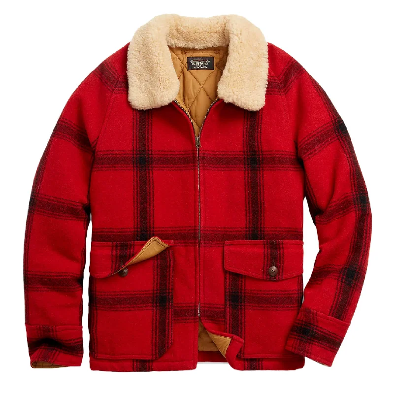 RRL by Ralph Lauren Shearling-Collar Plaid Wool Jacket Red / Black Multi