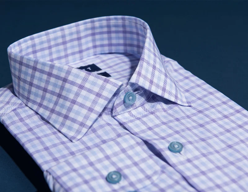 Wrinkle-Resistant Light Blue and Purple Box Check