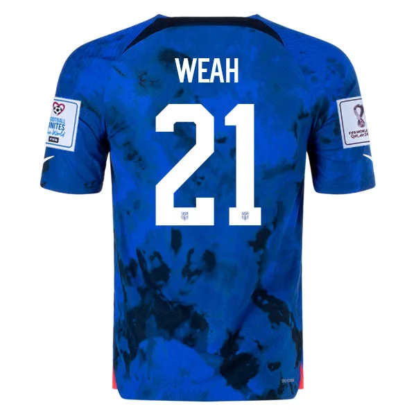 Nike United States Timothy Weah Authentic Match Away Jersey 22/23 w/ World Cup 2022 Patches (Bright Blue/White)