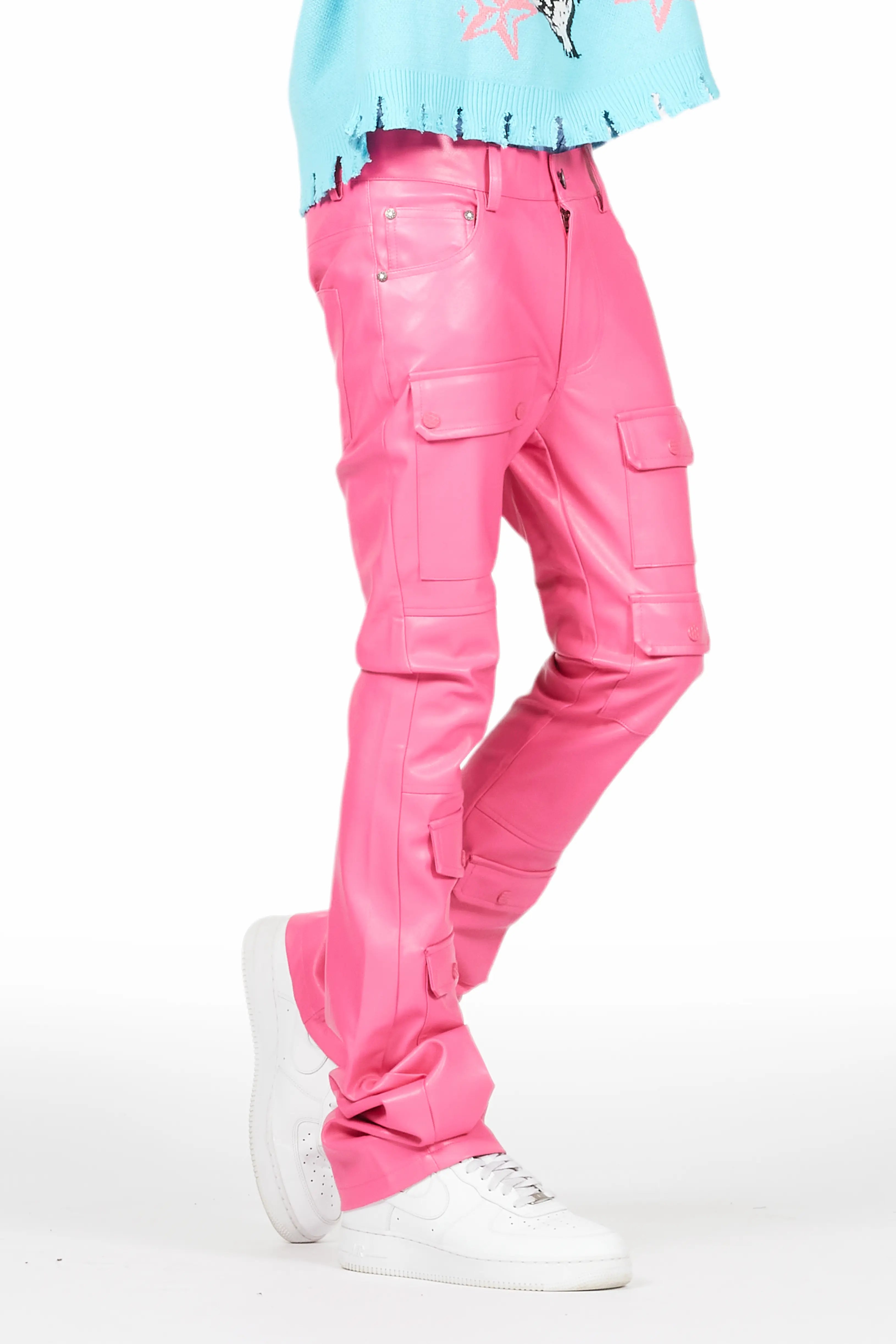 Barossa Hot Pink PU Cargo Stacked Flare Jean