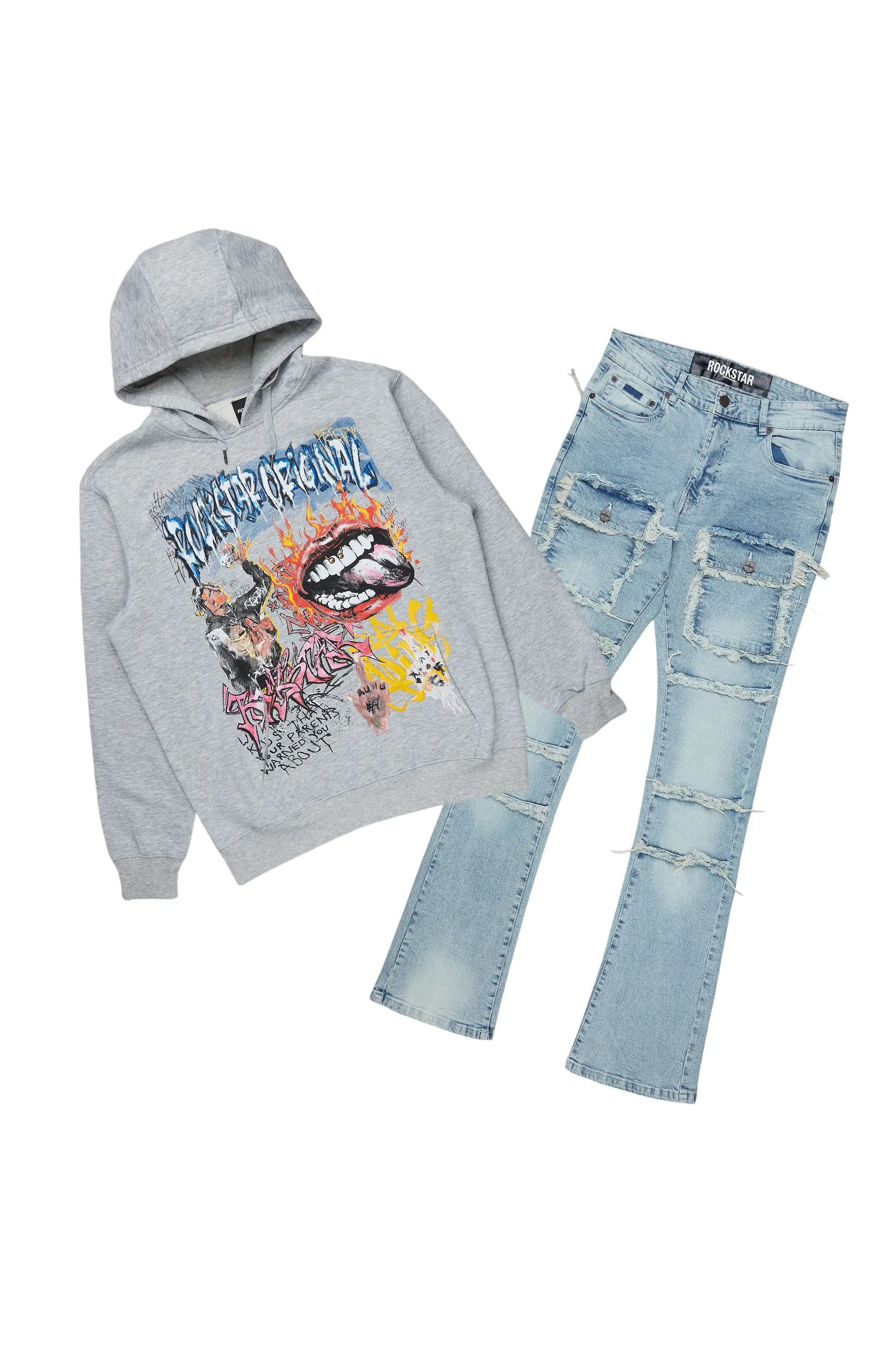 Yooz Heather Grey Hoodie/Stacked Flare Cargo Jean Bundle