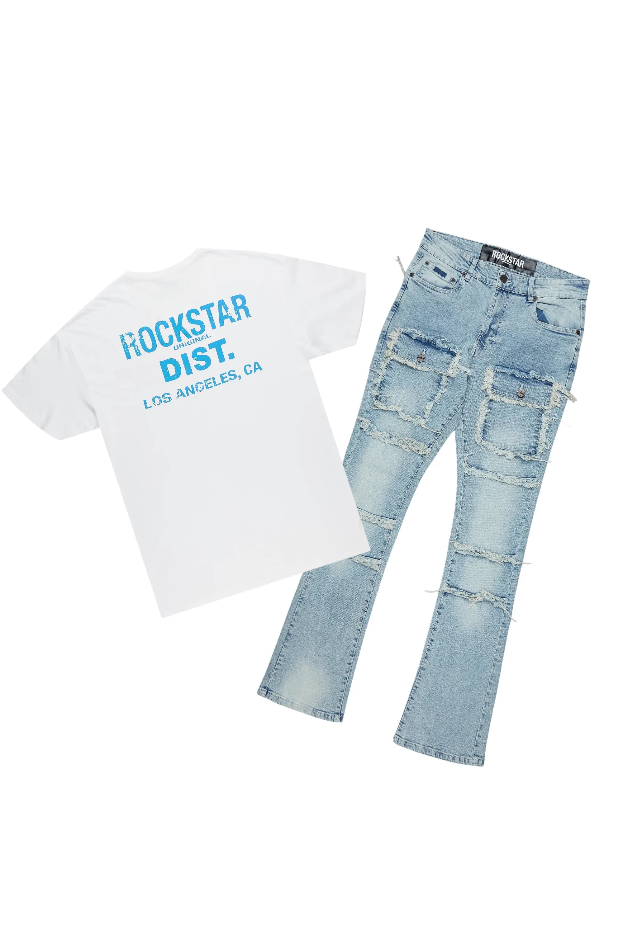 Lake White/Blue T-Shirt/Stacked Flare Cargo Jean Bundle