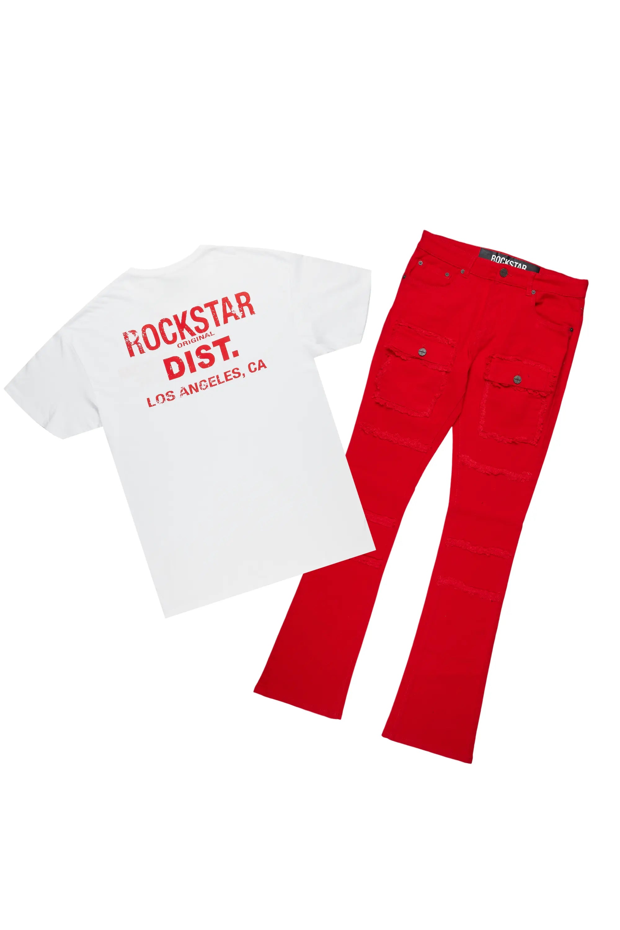 Lake White/Red T-Shirt/Stacked Flare Cargo Jean Bundle