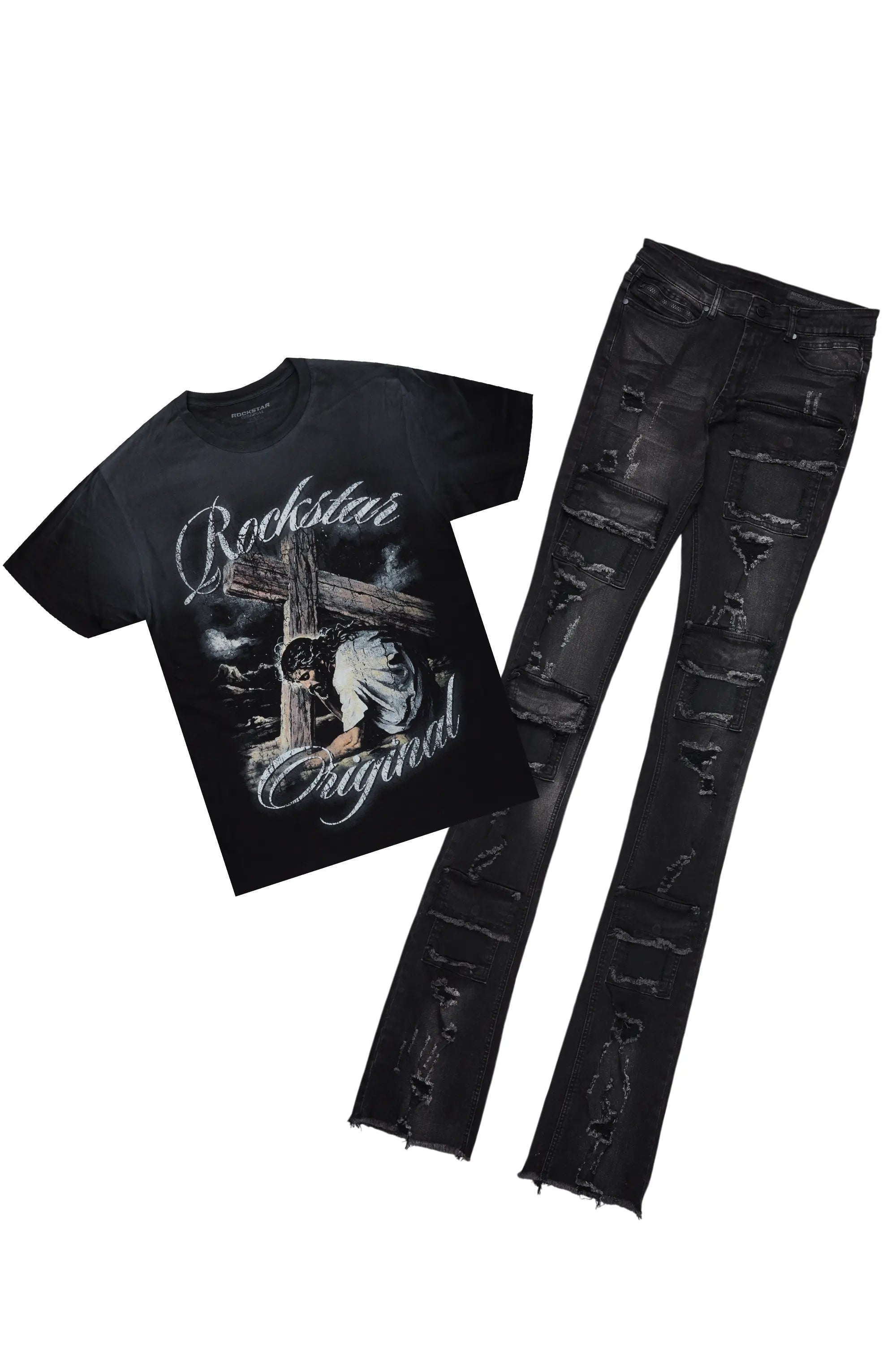 Irwin Black T-Shirt & Pooja Super Stacked Flare Jean Bundle