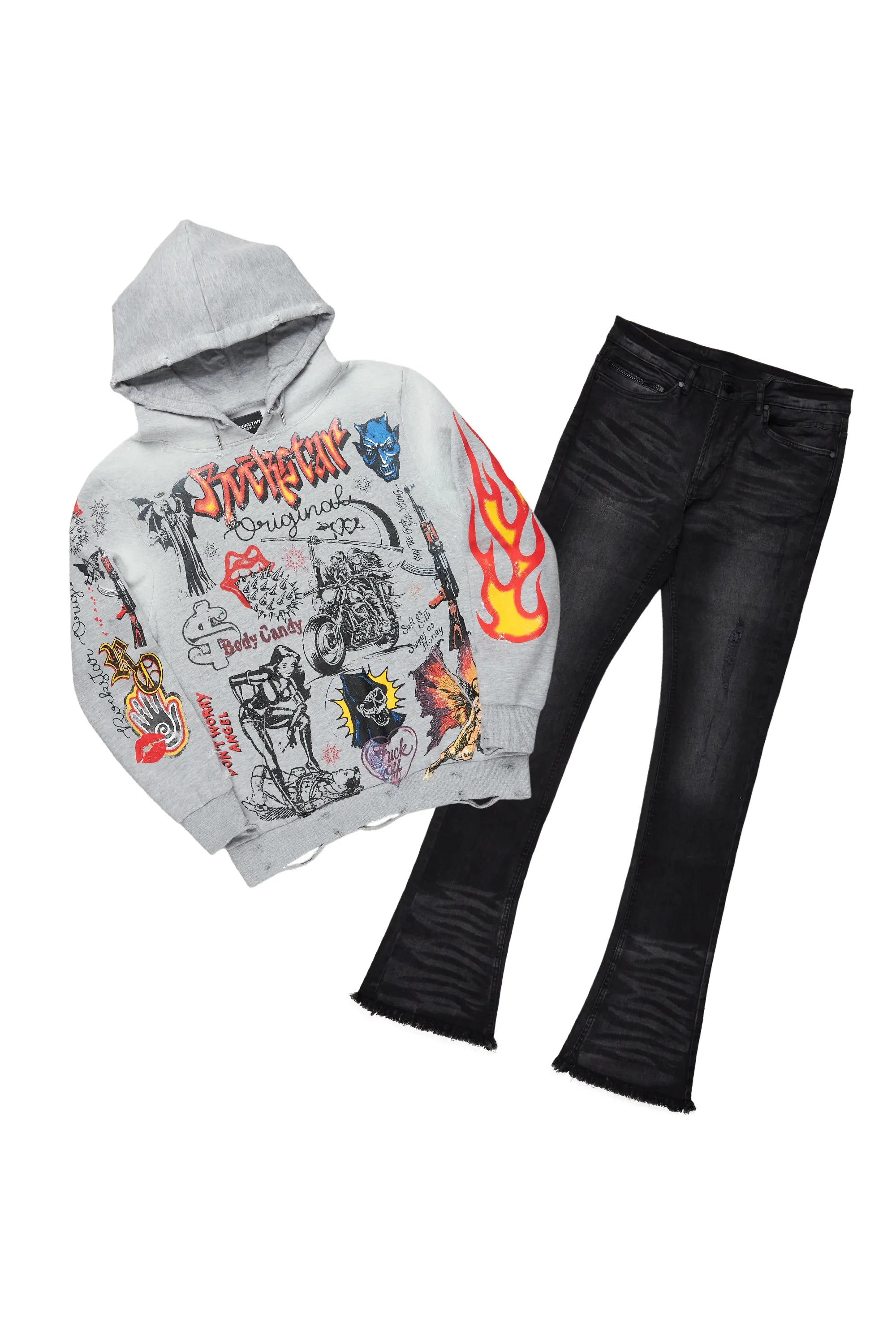 Shoota Grey Hoodie & Florence Stacked Flare Jean Bundle