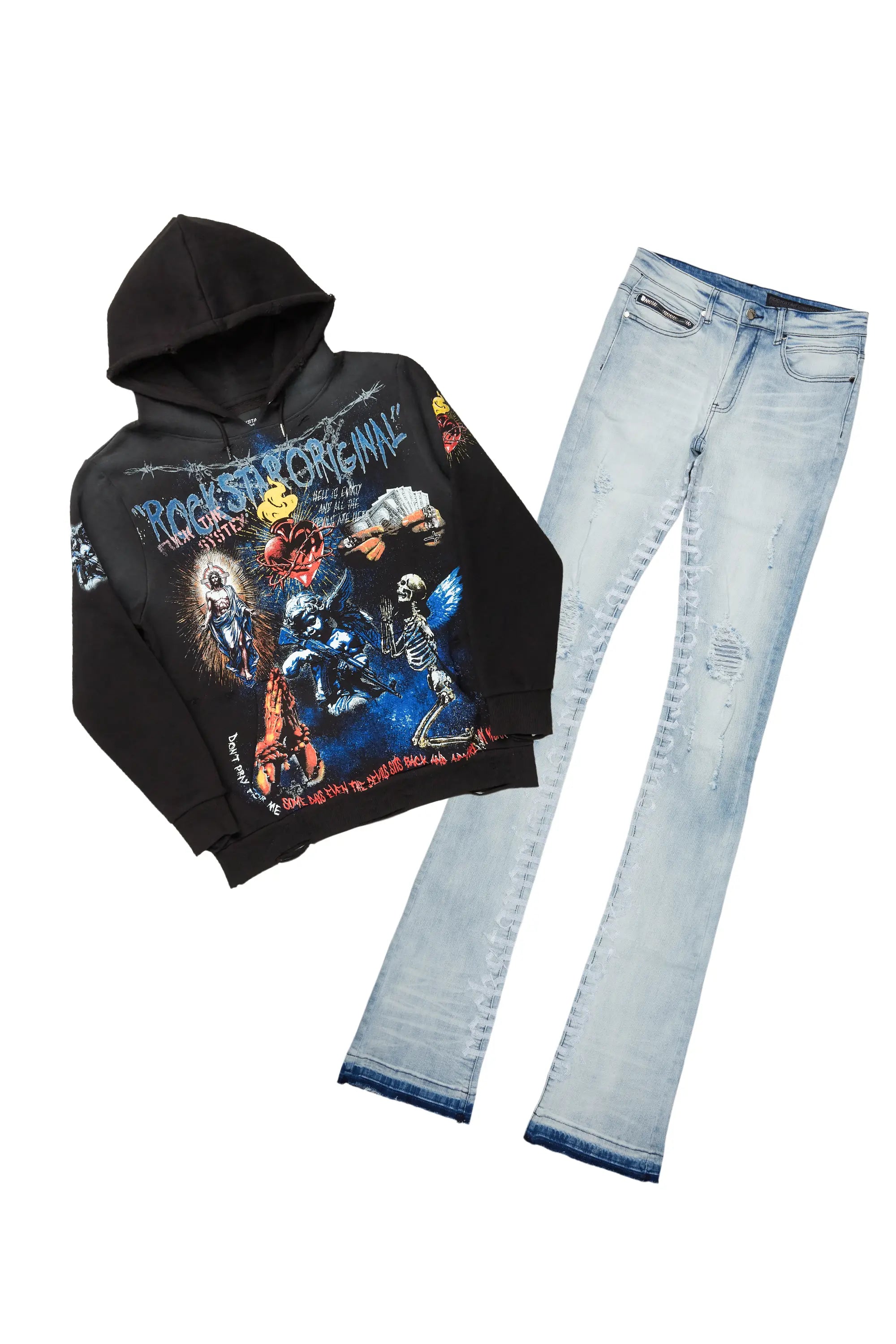 Inis Black Hoodie & Colette Blue Super Stacked Flare Jean Bundle