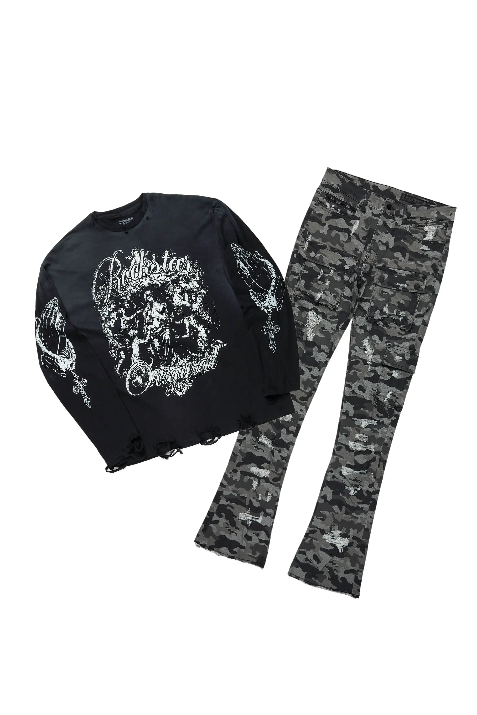 Vamp Black Long Sleeve T-Shirt & Zaid Stacked Flare Jean Bundle