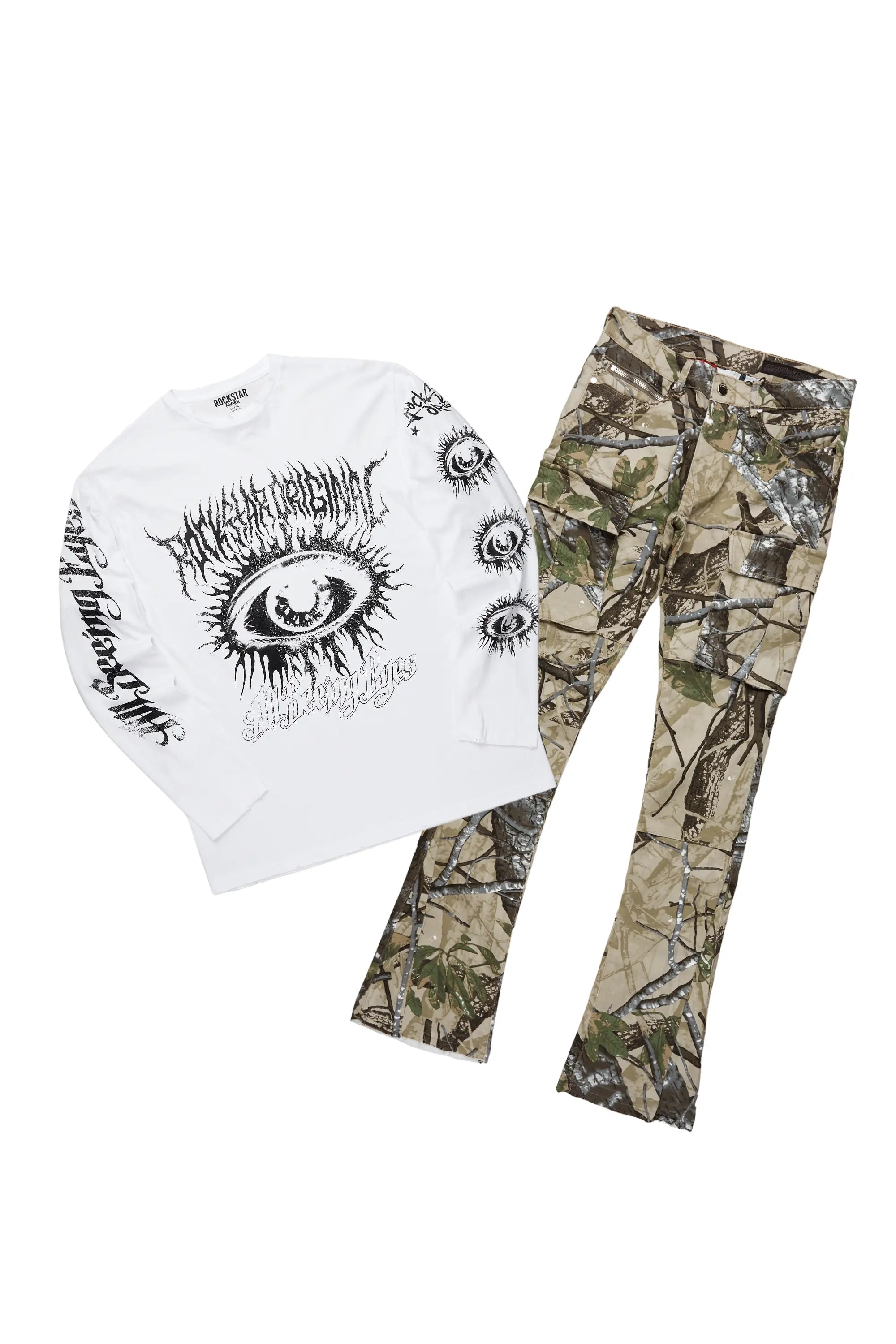 All Seeing Eyes White Long Sleeve T-Shirt & Merrik Stacked Flare Jean Bundle