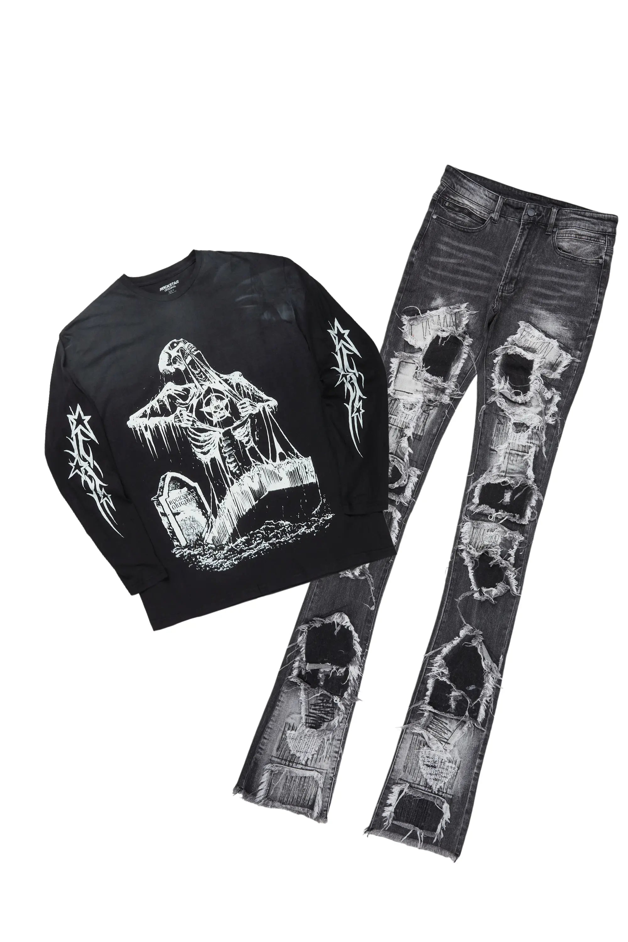 Brookwood Black Long Sleeve T-Shirt & Camden Super Stacked Flare Jean Bundle