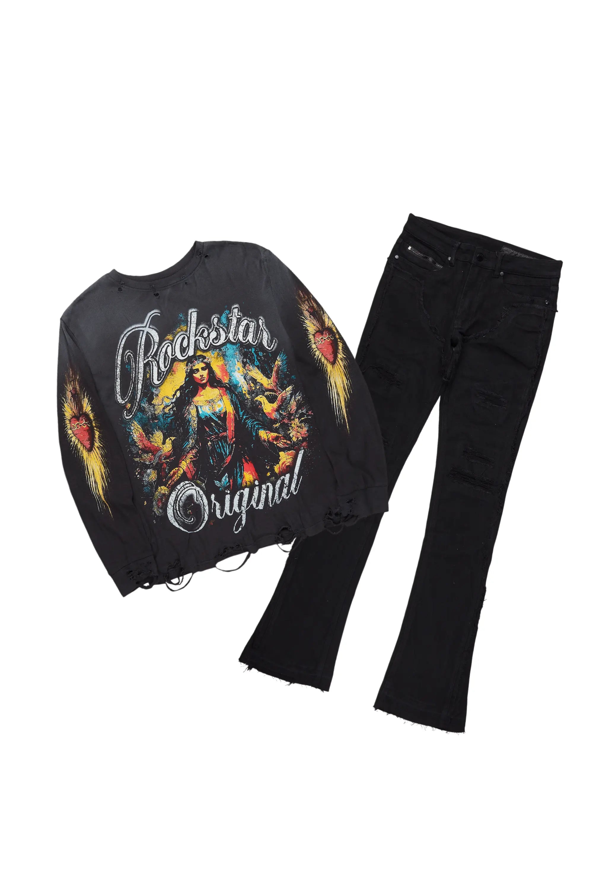 Santorini Black Long Sleeve T-Shirt/Stacked Flare Jean Bundle