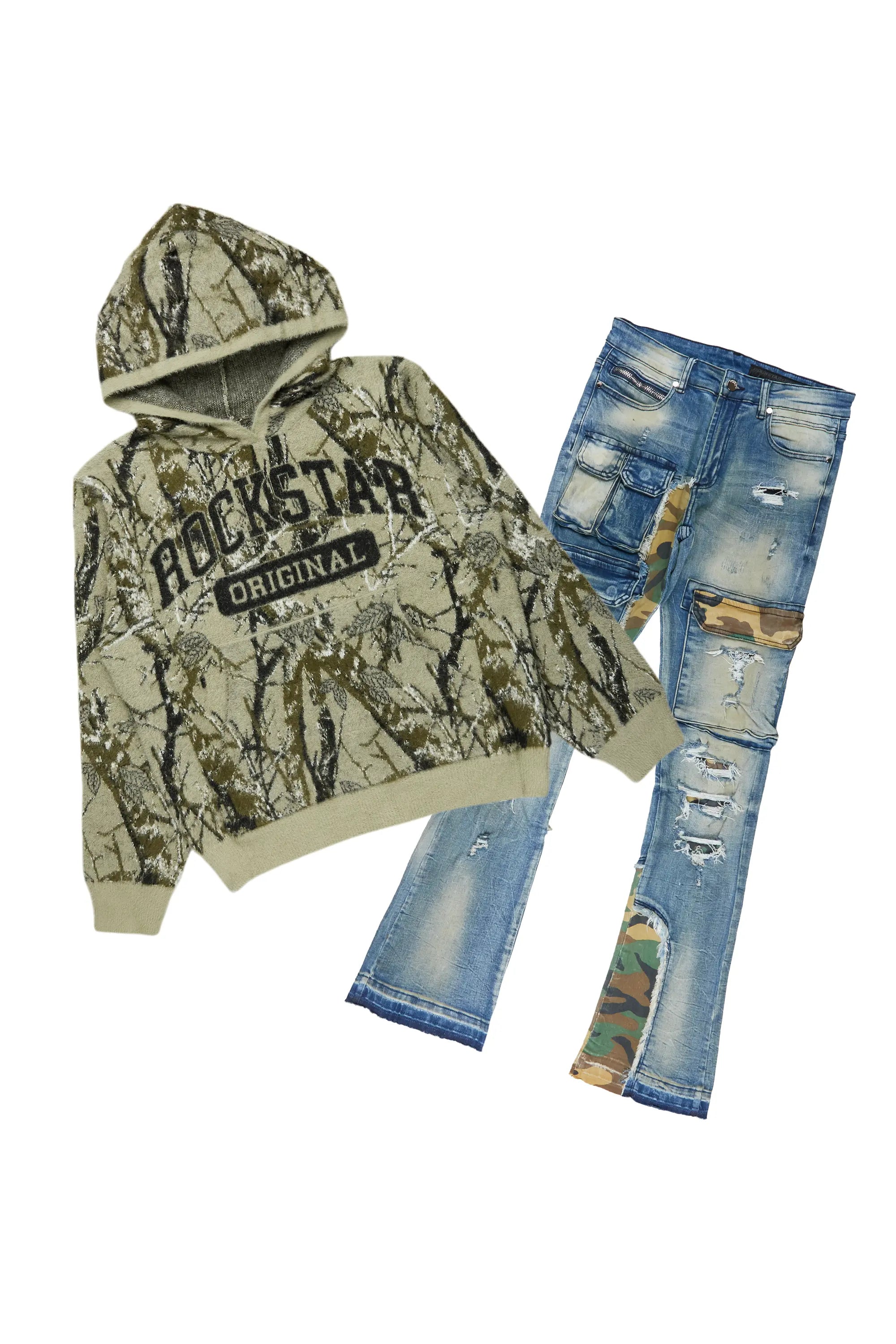 Damodar Tree Camo Hoodie & Zeta Stacked Flare Jean Bundle