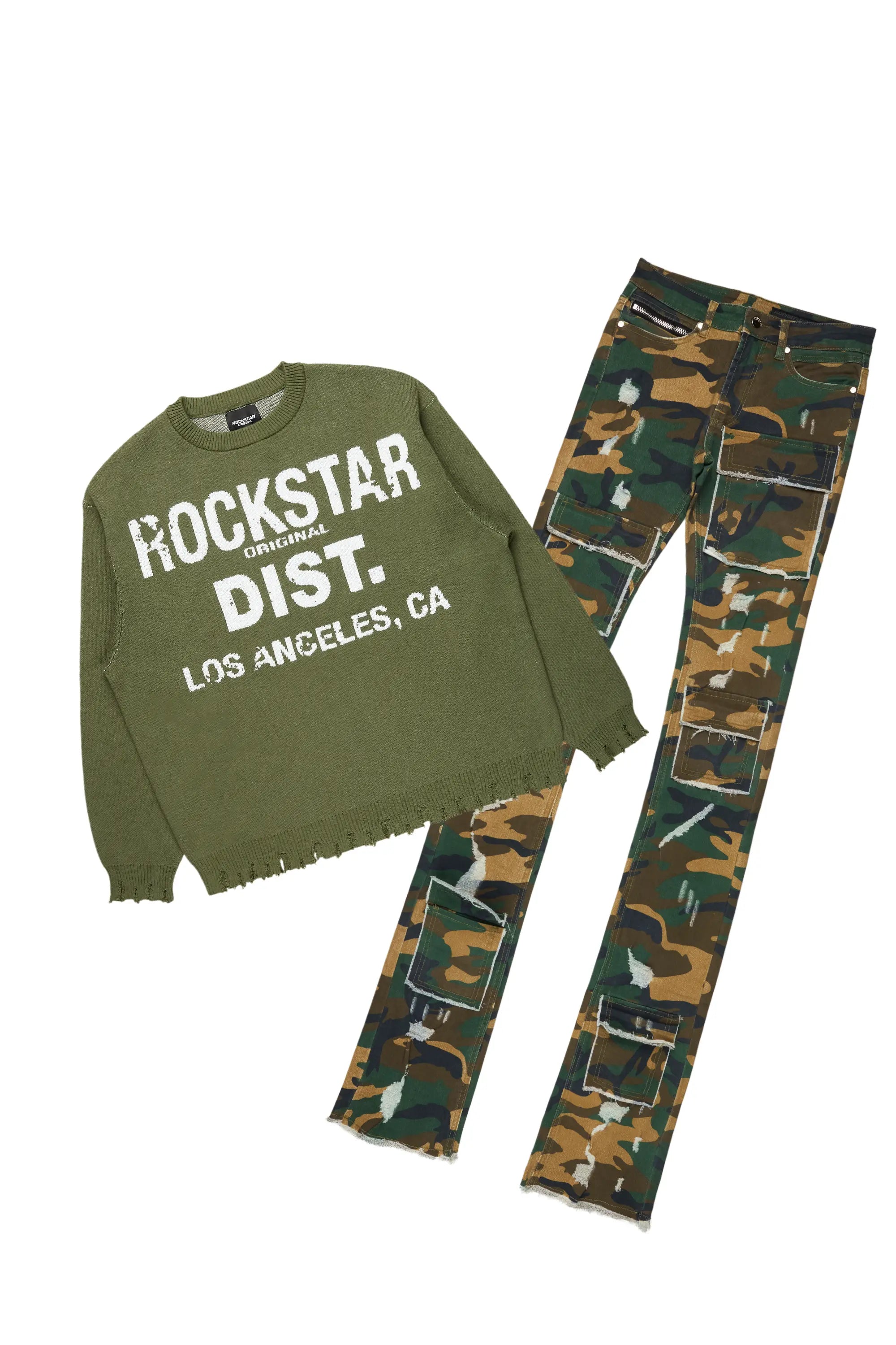 Mallow Green Knit Sweater & Petrus Super Stacked Flare Jean Bundle