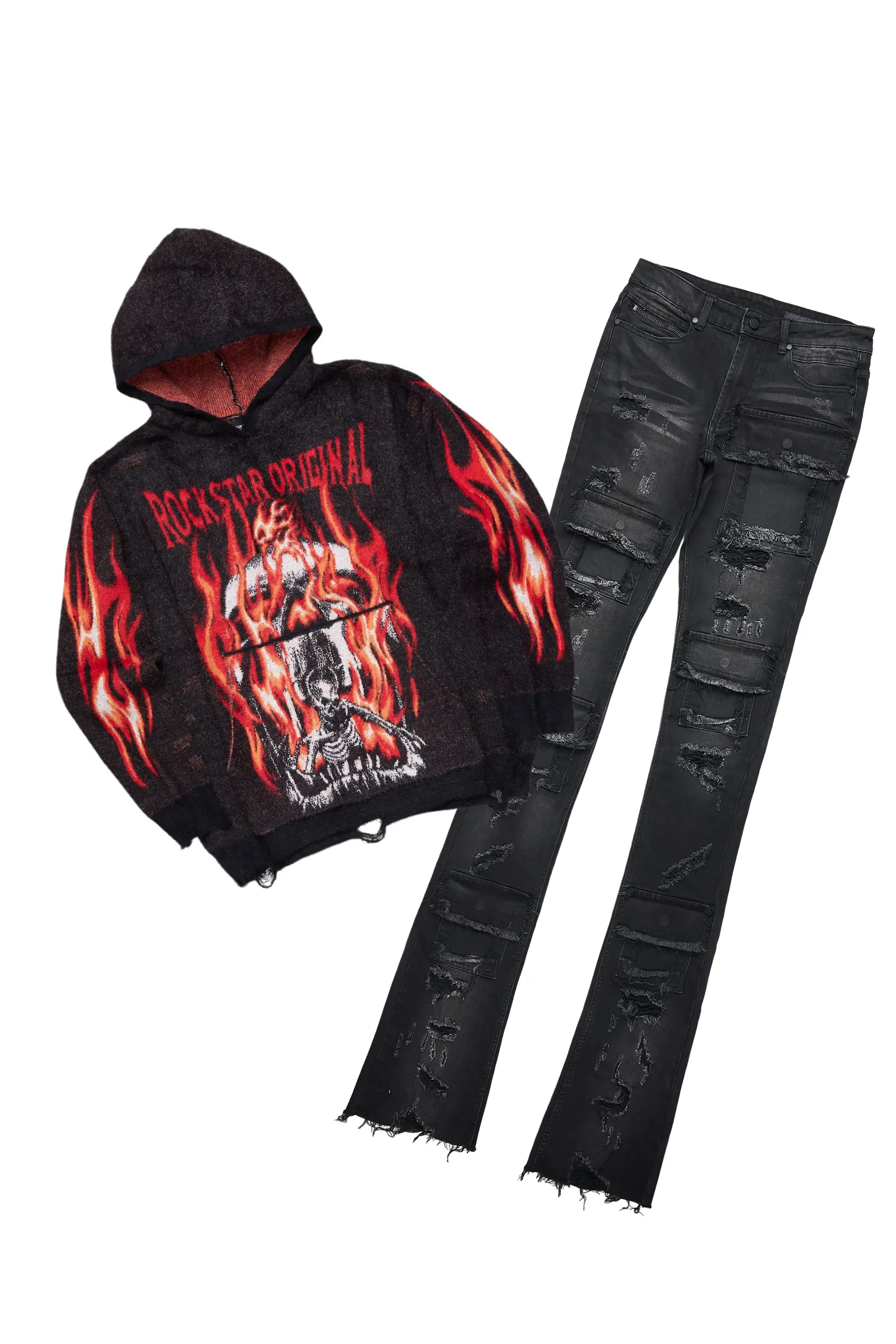 Fuka Black Knit Hoodie & Pooja Super Stacked Flare Jean Bundle