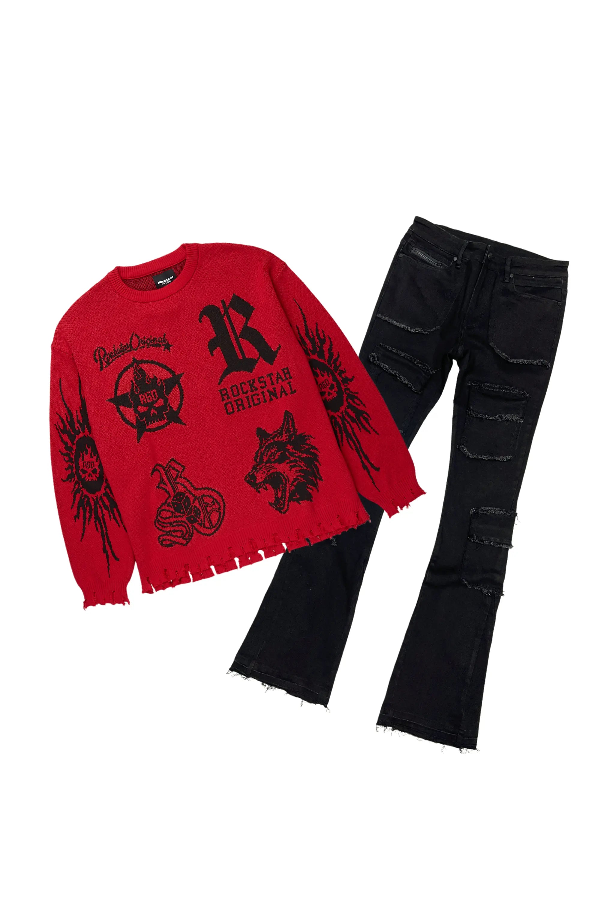 Fagan Red Knit Sweater & Tyrell Stacked Flare Jean Bundle