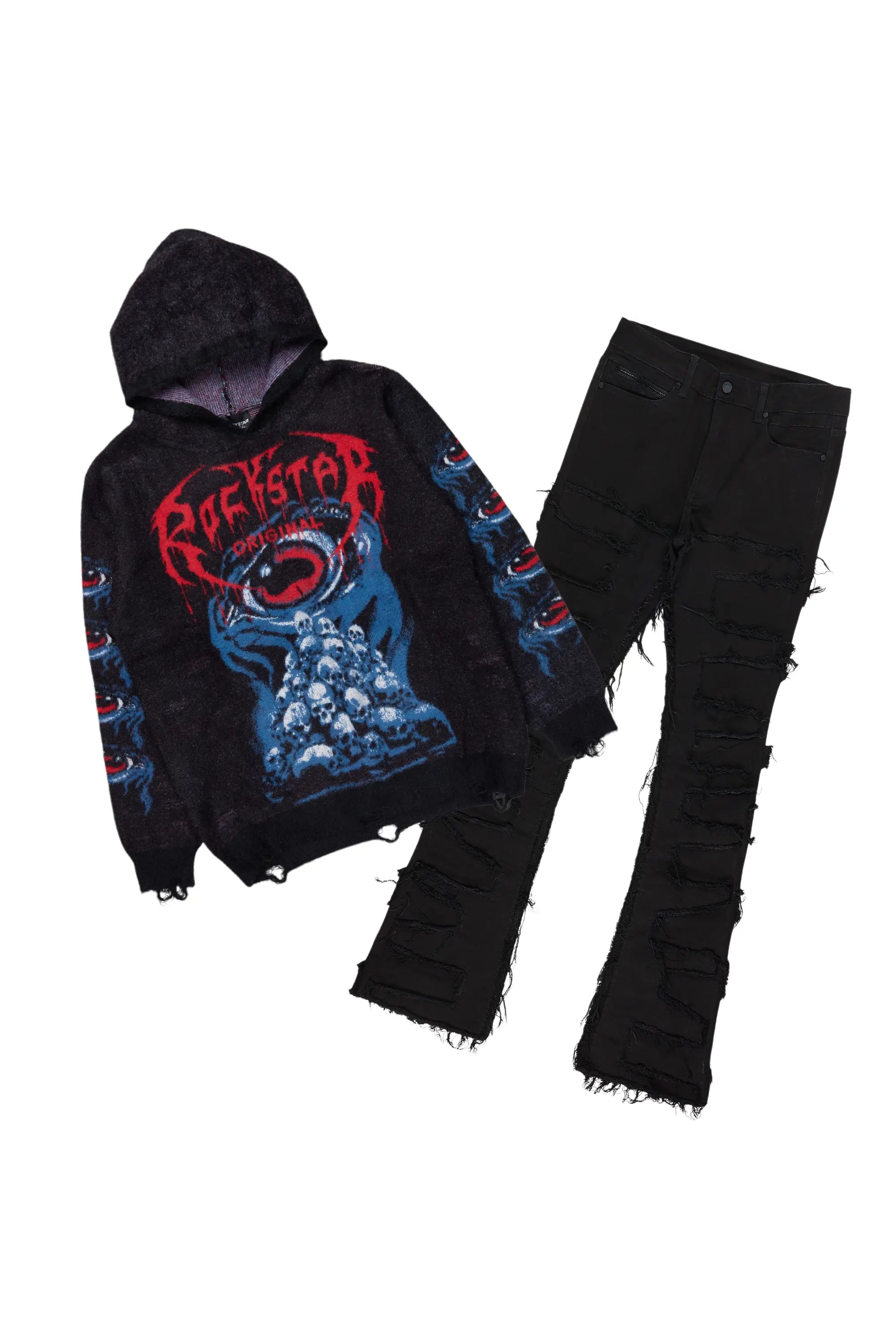 Ika Black Knit Hoodies & Shake Stacked Flare Jean Bundle