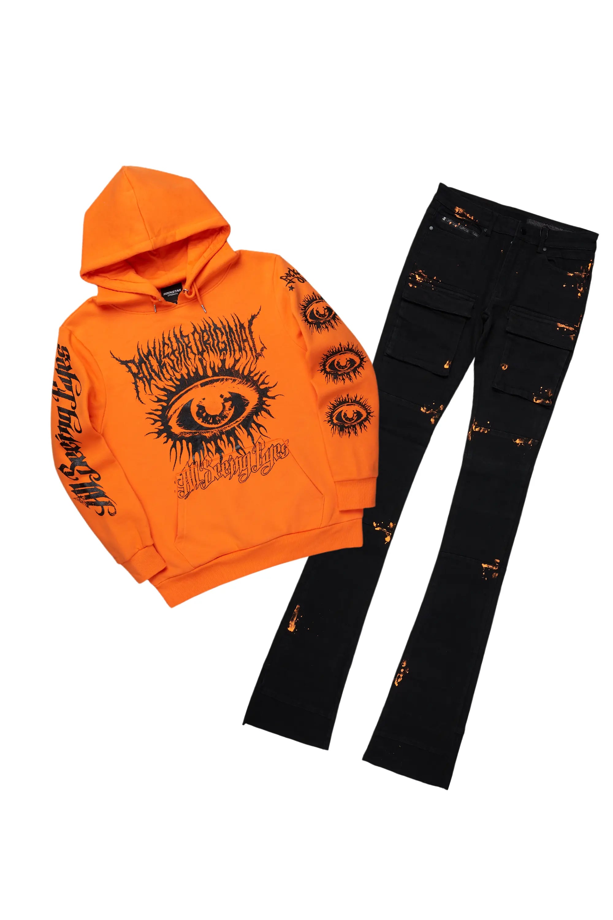 All Seeing Eyes Orange Hoodie/Super Stacked Flare Jean Bundle