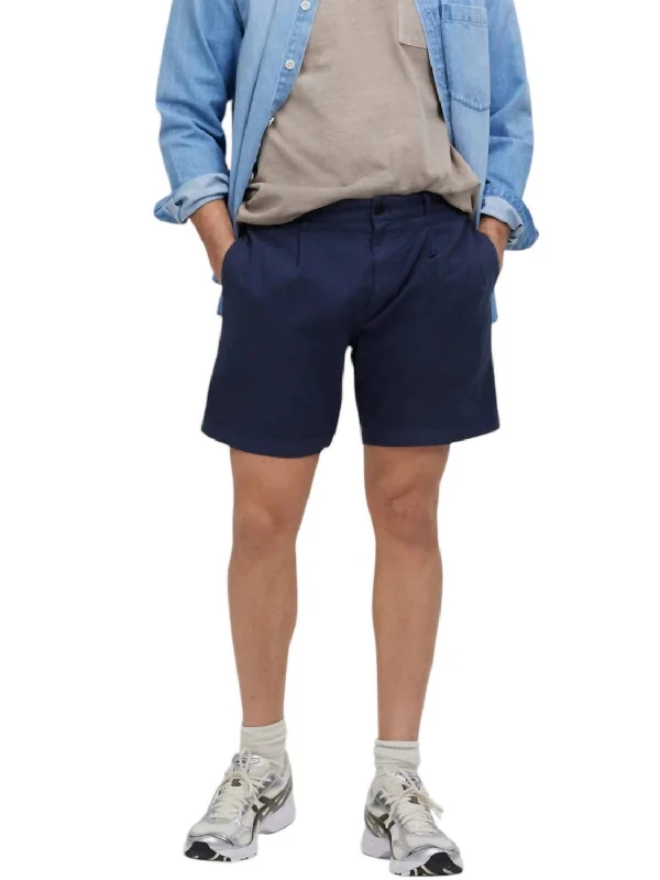 Cotton Hemp Pleated Shorts In Midnight Navy Blue