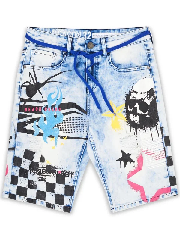 Don't Quit Mens Acid Wash Graphic Denim Shorts