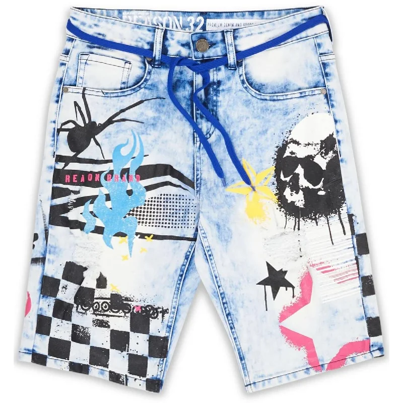 Reason Mens Don't Quit Acid Wash Graphic Denim Shorts